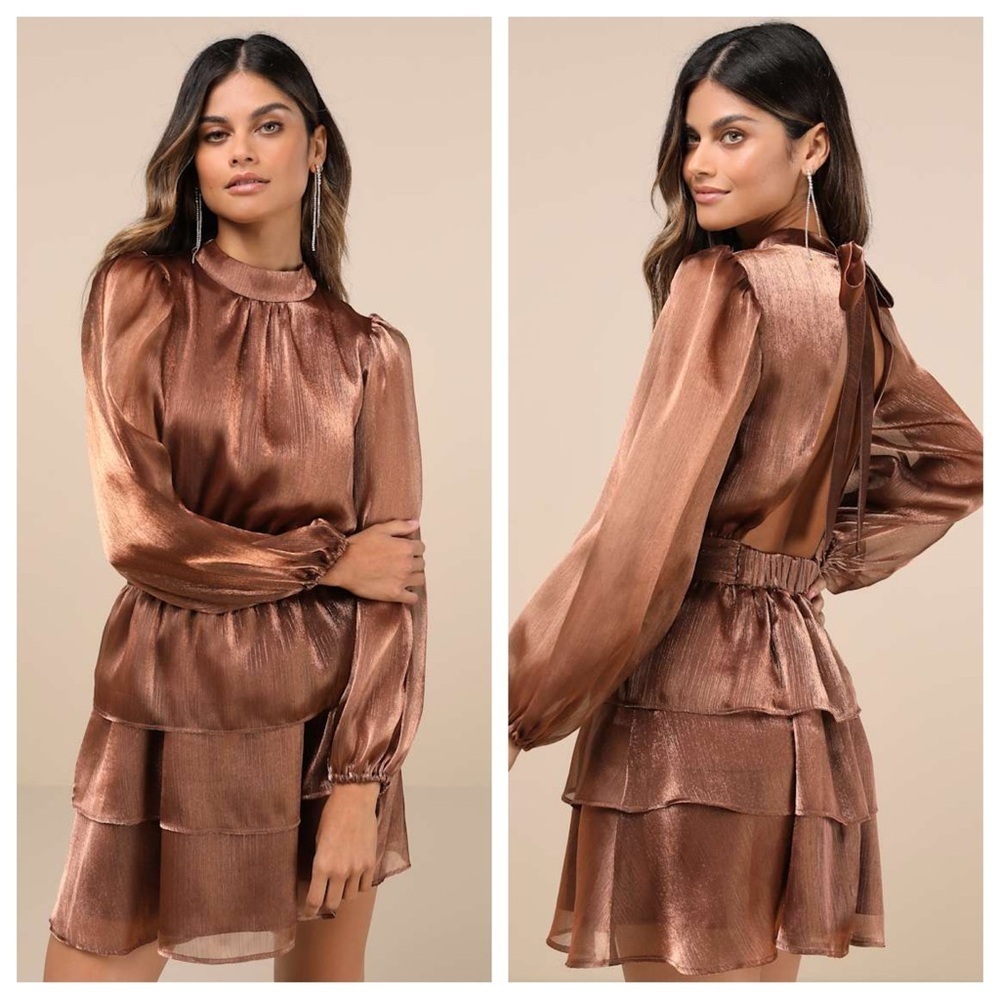 Lulus Ideal Behavior Bronze Metallic Backless Tiered Mini
Dress